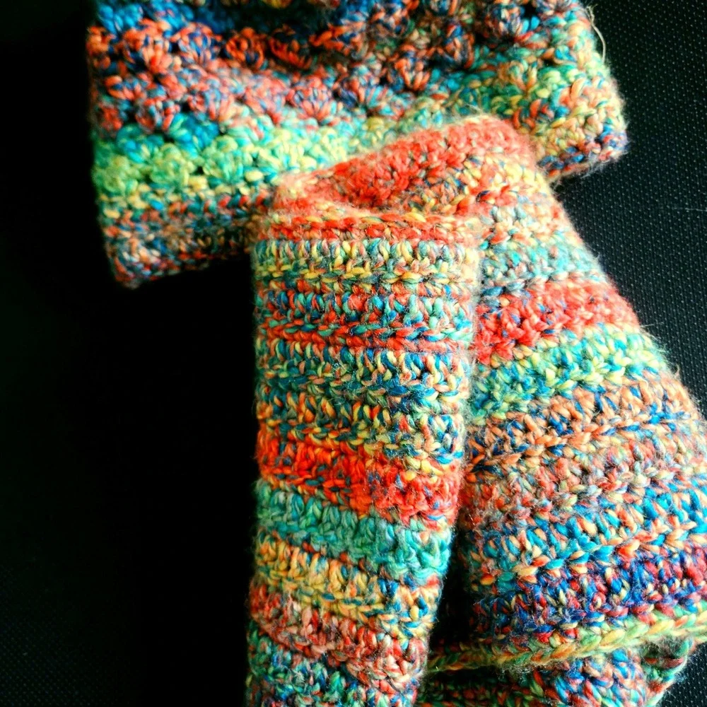 Handmade Vintage Beanie & Cowl Set Women OS Multi EUC Crochet Knit Winter Boho
